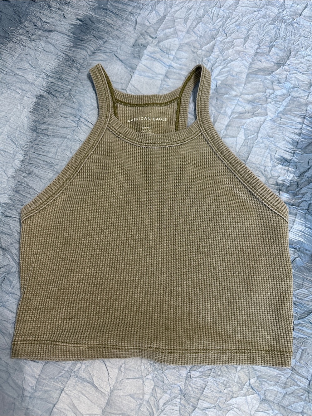 171. American Eagle Outfitters Olive Waffle Knit High-Neck Crop Tank